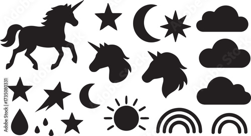 Magical Unicorn Elements: A collection of whimsical, silhouette-style illustrations of unicorns, stars, crescent moons, clouds, and a sun, creating an enchanting and dreamlike graphic resource.