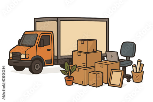Office moving concept. Business relocation with transport company truck. Cardboard boxes with office stuff, chair, laptop. Commercial moving and delivery service. We've moved.