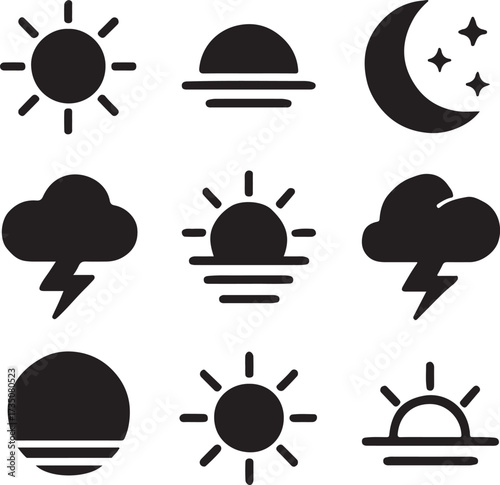 Weather Icon Set: A collection of simple weather icons designed to represent various conditions, suitable for applications, websites, or print. Each symbol, clear and easily understood.