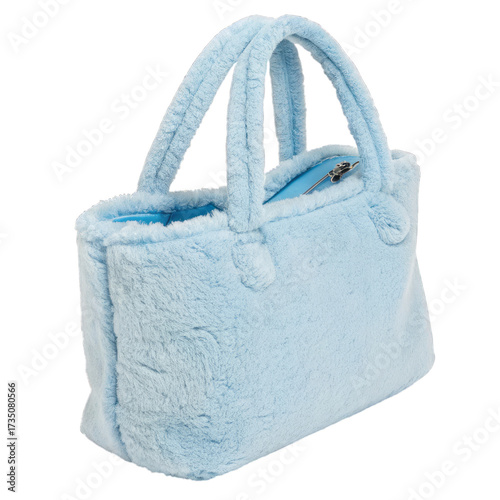 Watercolor Light Blue Fuzzy Faux Fur Handbag with Handles purse accessory isolated on a transparent background