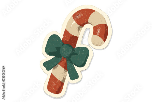Christmas candy cane sticker vector. Vintage torn out paper collage. Retro halftone clay toy style. Holiday sweet food treat with bow. Winter festive decoration element.