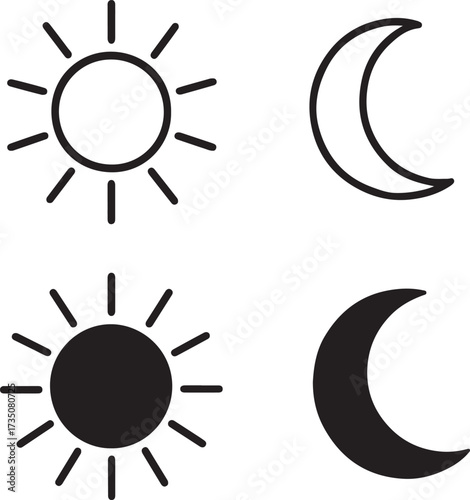 Day and Night: Conceptual contrast between the sun and the moon in stark black and white. a simple graphic representation emphasizing the day-night cycle.