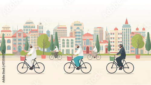 illustration of city people cycling