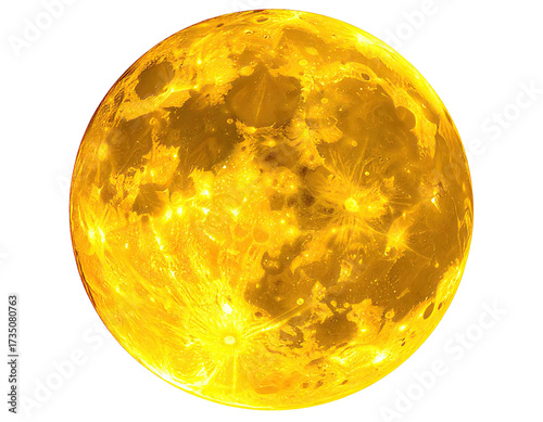 Vivid, golden-toned orb against deep black, showing detailed lunar surface