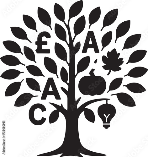 Symbolic Tree: A creative black and white image showcases a tree adorned with symbols representing various elements such as the pound sign, the letter A, a leaf, a pumpkin, and a lightbulb.
