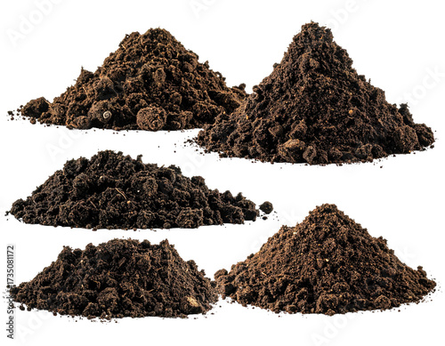 Five small, textured piles of dark brown soil on a transparent backdrop
