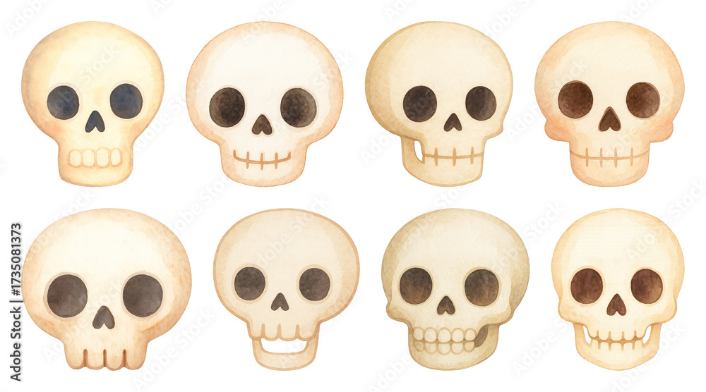 Obraz premium PNG Watercolor skulls with unique expressions, element set on transparent background