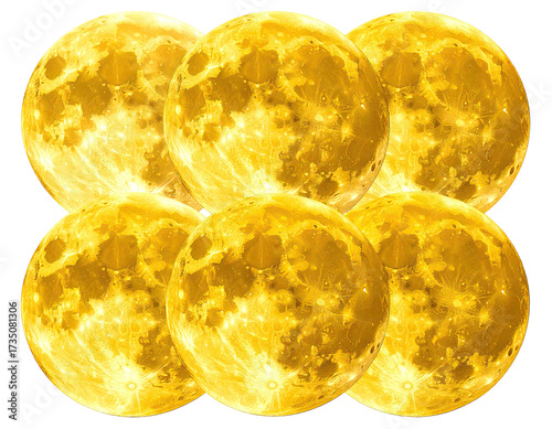 Cluster of six golden, glowing celestial bodies against a transparent background