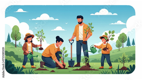 a family is planting tree seedlings