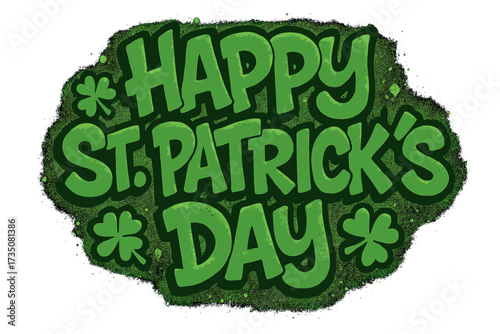 Happy St. Patrick's Day graffiti lettering. Urban spray paint street art text. Y2k textured vector for holiday greeting cards, posters, banners. Irish celebration with shamrocks.