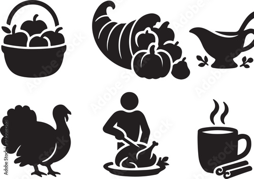 Thanksgiving Day Elements: A collection of stylized illustrations celebrates the spirit of Thanksgiving with essential elements, invoking a sense of gratitude, abundance, and familial joy.