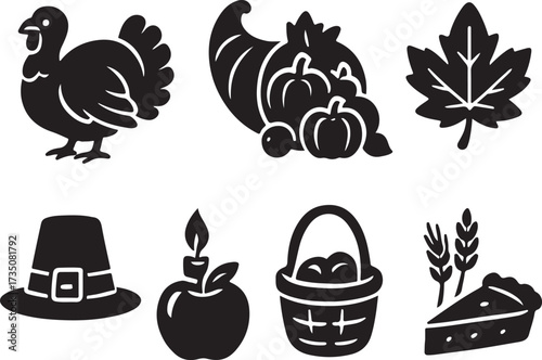 Thanksgiving Silhouette Collection: A curated selection of iconic Thanksgiving symbols, including a turkey, cornucopia, pumpkins, fall foliage, pilgrim hat, apple, harvest basket, and pie.