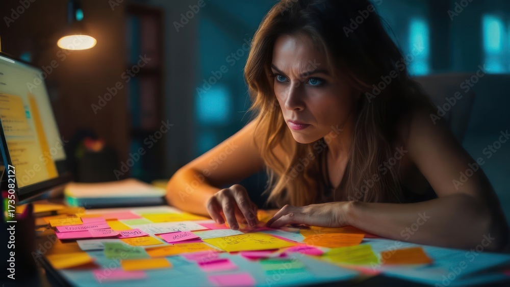 Fototapeta premium Woman working late at night with sticky notes on desk.