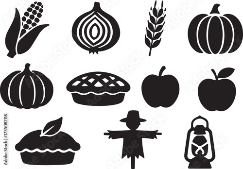 Autumn's Bounty Silhouettes: A stylized arrangement of autumn harvest icons, featuring classic symbols. A graphic collection celebrates the season's abundance and charm.