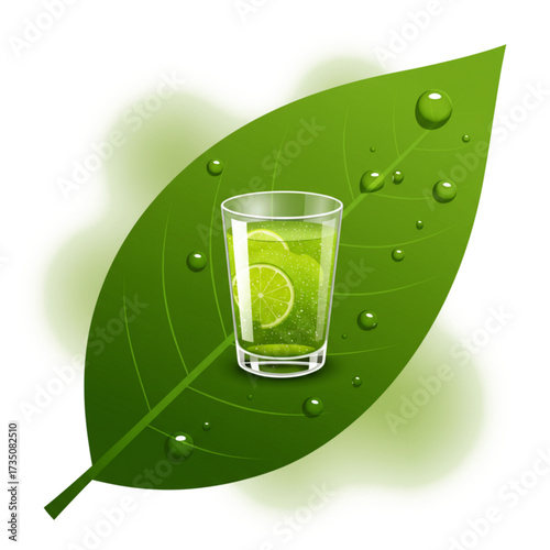 Fresh Lime Drink on Green Leaf with Water Droplets – Healthy Organic Vector Illustration