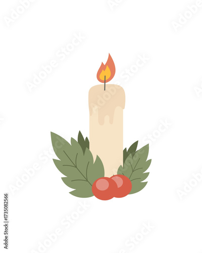 Festive holiday candle illustration with holly and red berries, isolated vector graphic element for seasonal design