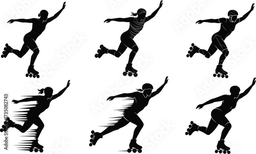 Roller skating silhouette, female skater vector, sport illustration, fitness activity design, black and white athlete graphic, speed motion conceptRoller skating 