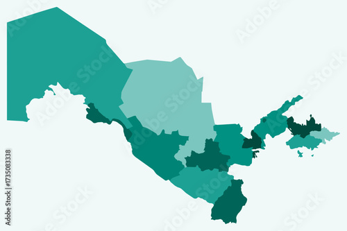 Map of Uzbekistan with regions. Just a simple country border map with region division. Teal color palette. Flat Uzbekistan shape with administrative division. Vector illustration.