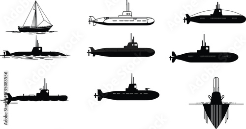 Submarine silhouette set, military navy vessel, underwater exploration ship, ocean transport, marine technology vector, sailboat silhouette, deep sea illustrationSubmarine silhouette set, military 