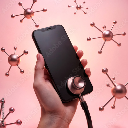 smartphone with stethoscope in hand on pink background, concept of phone repair and diagnostics