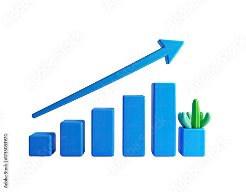 3D blue bar graph climbing upward, next to a potted green cactus, black bg