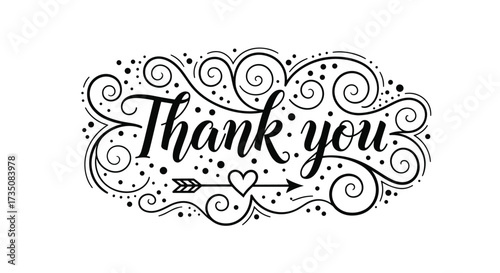 A beautifully ornate black and white graphic with the words thank you elegantly written in script.