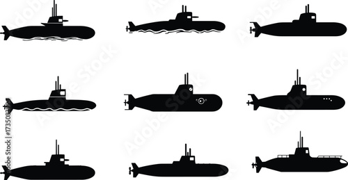 Submarine silhouette set, military navy vessel, underwater exploration ship, ocean transport, marine technology vector, sailboat silhouette, deep sea illustrationSubmarine silhouette set, military 
