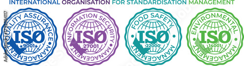 ISO Round Certification Badges for Quality Assurance, Food Safety, Information Security, and Environmental Standards