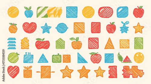 Handdrawn shapes like stars, apples, and squares suitable for childrens educational materials, posters, and art projects. Great for graphic design projects.