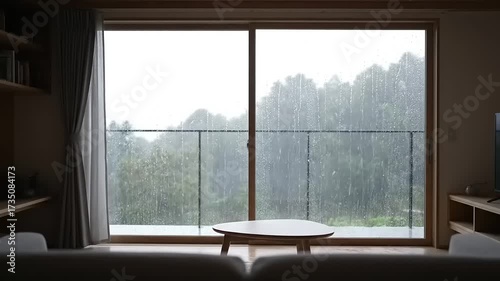 Cozy living room view of heavy rain on glass window overlooking a lush green forest
