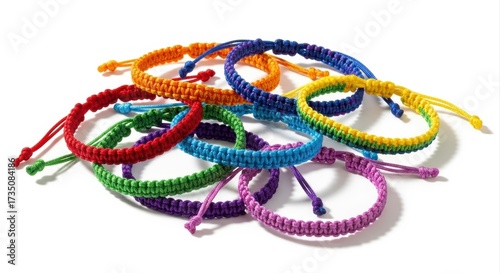 Cheerful Cluster of Seven Colorful Friendship Bracelets, Hand-Knotted Rainbow Hues, Soft Studio Lighting, Isolated on Crisp Pure White Background
