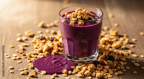 Purple acai smoothie in glass with spilled granola and oats on rustic table.