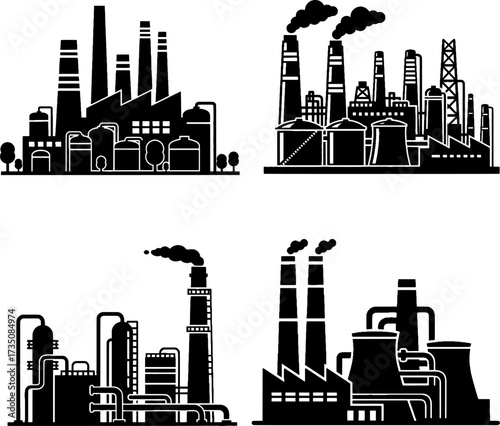 Industrial Factory, Power Plant, and Manufacturing Silhouette Icons Set