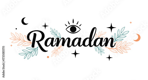 A beautiful Islamic holiday celebration with crescent moon stars and decorative branches.