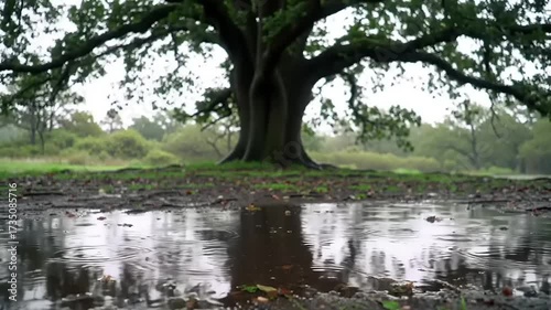 Raindrops creating ripples in a puddle on the ground with a large