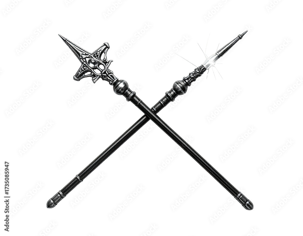 Naklejka premium Two ornate weapons with star-shaped tips, crossed against a black background