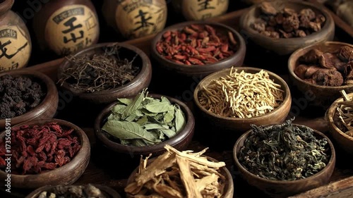 An assortment of dried herbs, roots, berries, and leaves are displayed in rustic wooden bowls. This collection represents traditional herbal medicine and natural remedies, suggesting concepts of holis