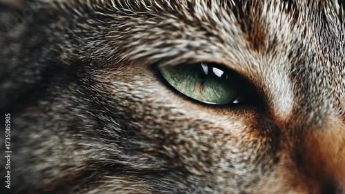 An extreme close-up macro shot of a tabby cat's eye, revealing the intricate details of its beautiful green iris and the texture of its striped fur. The camera moves slowly, capturing the intense and 