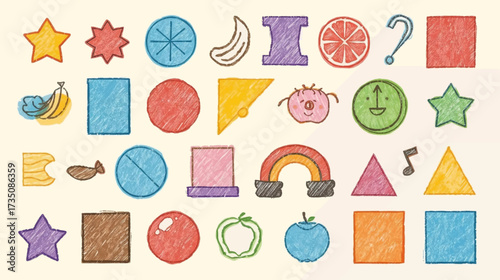 Sketched shapes and fruit illustrations, suitable for food blogs, educational materials, and summerthemed designs. Great for vibrant projects.