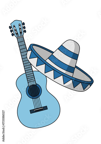 Vibrant Cartoon Guitar and Sombrero Vector Art