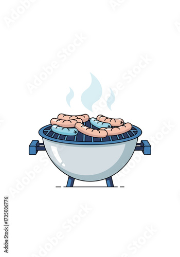Flat Vector Illustration of Sausages Grilling on a Bbq