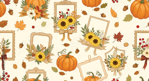Autumnal harvest pumpkins sunflowers and decorative frames pattern.