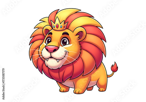 Cartoon Lion King with Orange Mane and Golden Crown
