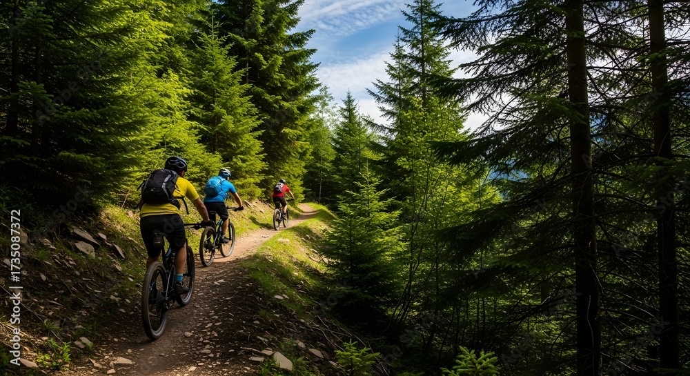 Fototapeta premium Getaway on mountain bikes through a stunning forest trail, enjoying the freedom of outdoor adventure and healthy exercise in a vibrant green landscape