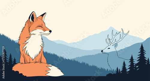 A charming fox contemplates the majestic deer in a pixelated mountain landscape.
