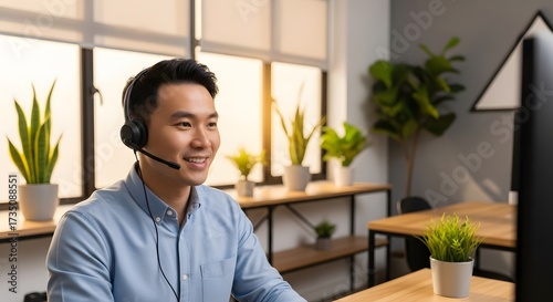 Friendly Asian man providing remote customer support with headset in bright, modern office setting, offering exceptional service and building customer loyalty