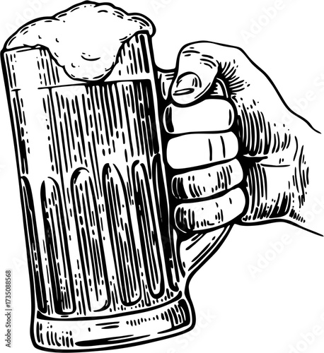 Hand holding frothy beer mug, vintage engraving style illustration