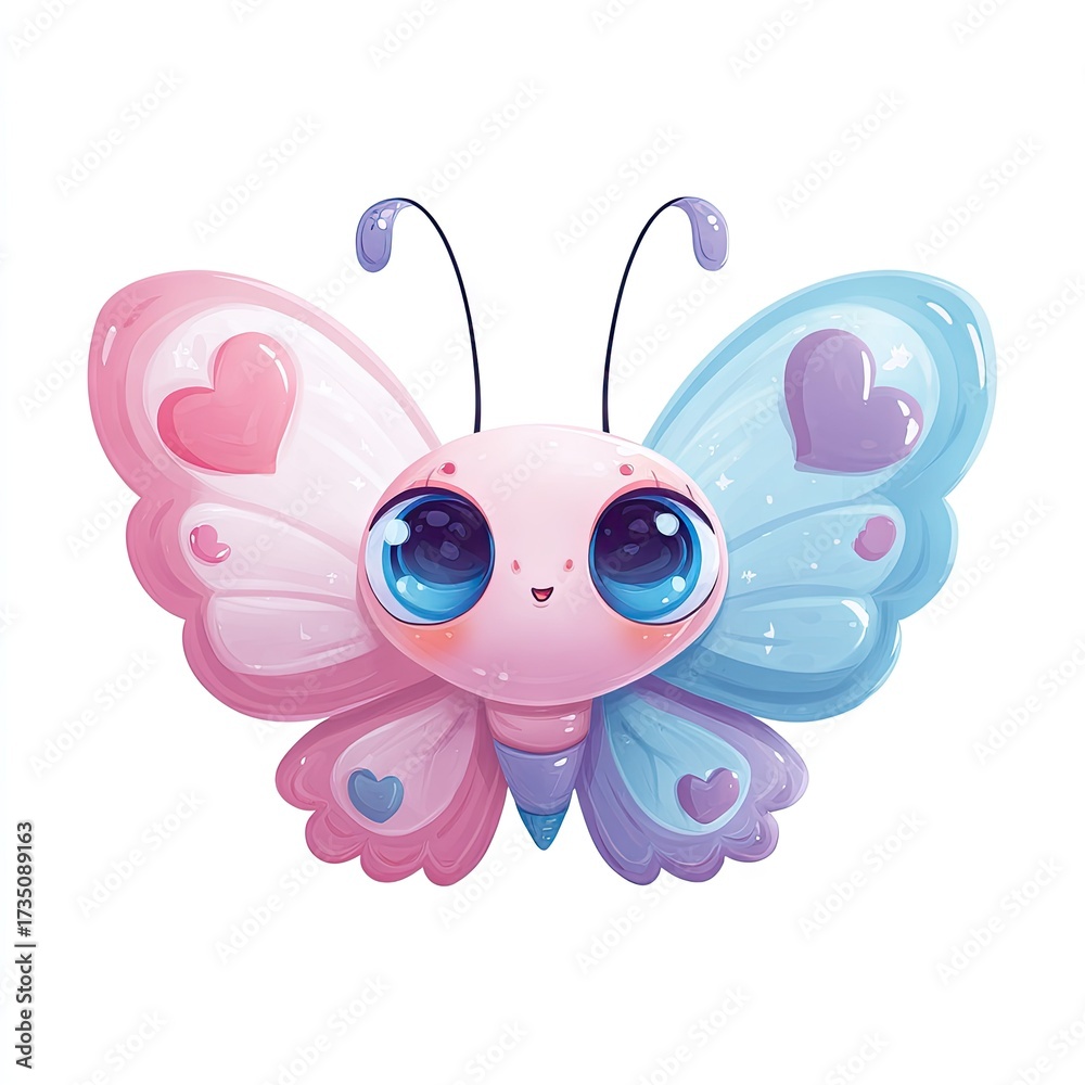 Obraz premium Cute cartoon butterfly with heart shaped wings isolated on white background