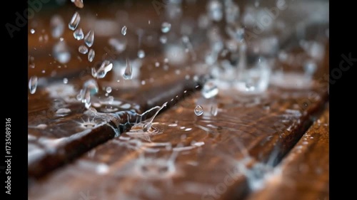 Wallpaper Mural Captivating Close-Up of Heavy Rain Splashes and Ripples on Wood Surface, A Symphony of Water Droplets in Motion Torontodigital.ca