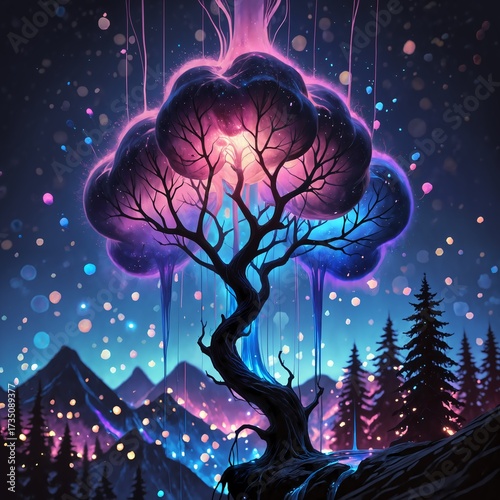 Mystical Tree with a Luminous Pink and Purple Cloud Canopy Dripping Glowing Blue Rain in a Fantasy Mountain Landscape.